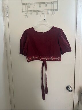 Bombay Burgundy Embroidered Tie-Back Crop Top